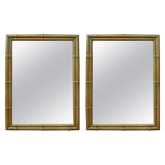 Vintage 1980s Pair of Wooden Wall Mirrors in Green Colour Imitating Bamboo