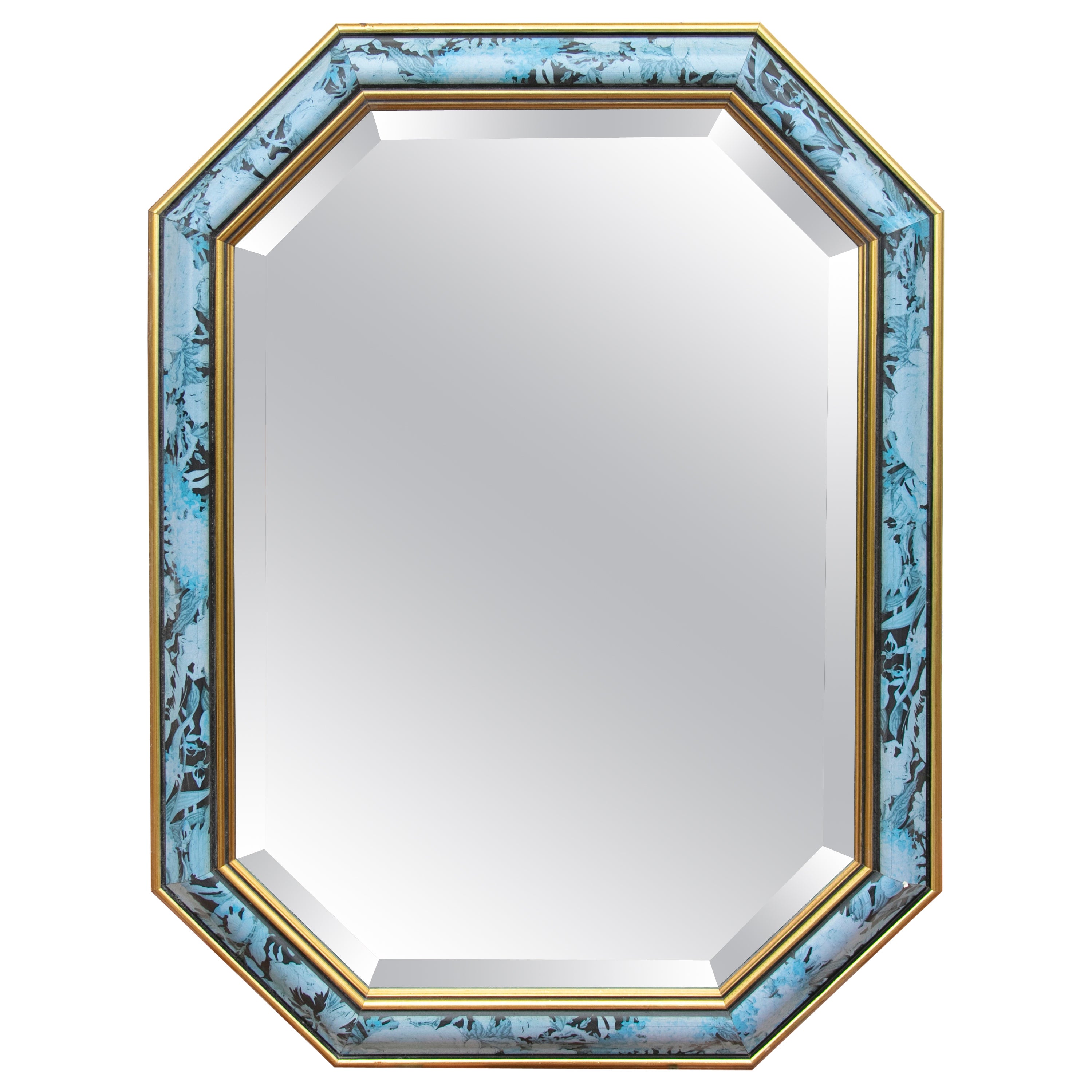 1980s Wooden Wall Mirror with Flower Decoration in Blue Tones