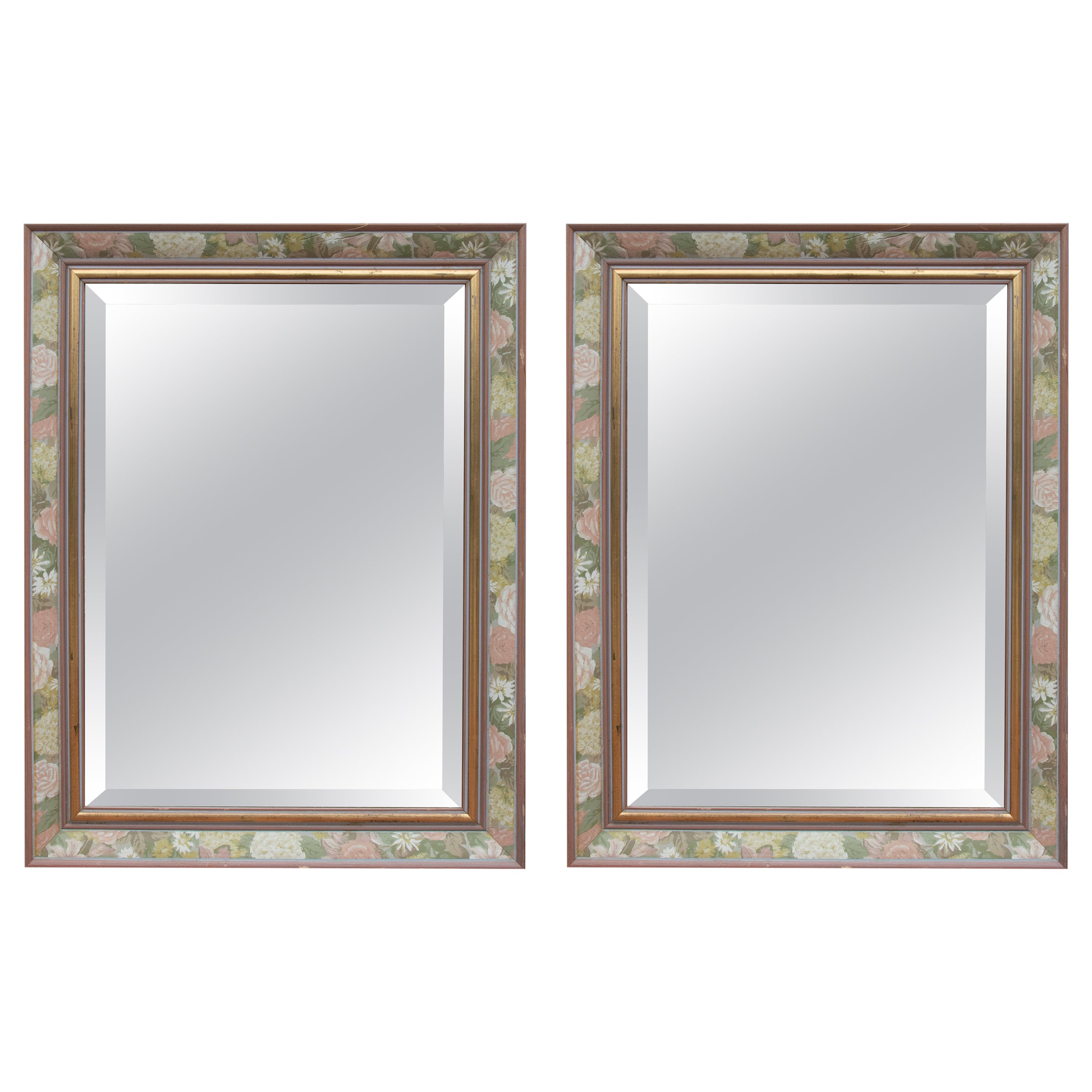Pair of Polychrome Wooden Mirrors with Flower Scenes 