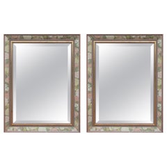 Retro Pair of Polychrome Wooden Mirrors with Flower Scenes 