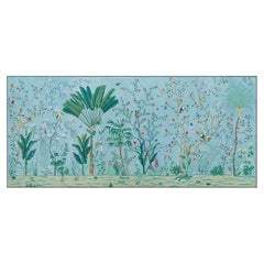 Palm Tree Chinoiserie Wallpaper Hand Painted Wallpaper on Blue EDO Panel