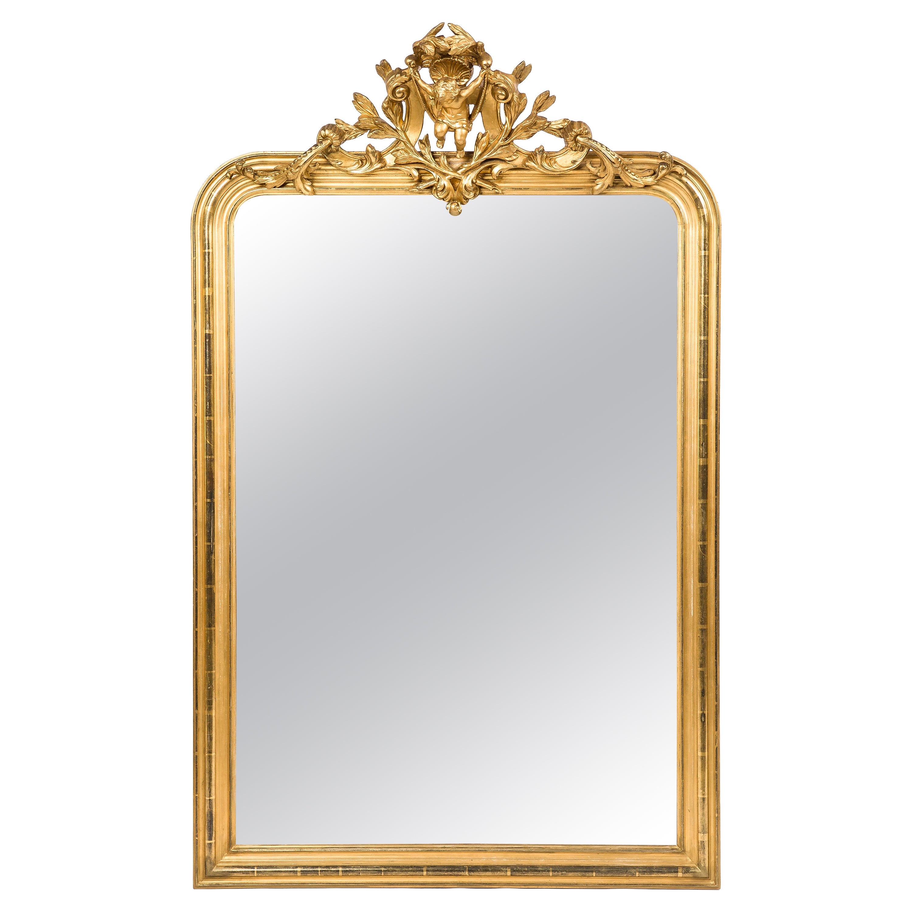 Antique miroir français Louis Philippe doré à la feuille d'or avec putti daté de 1879