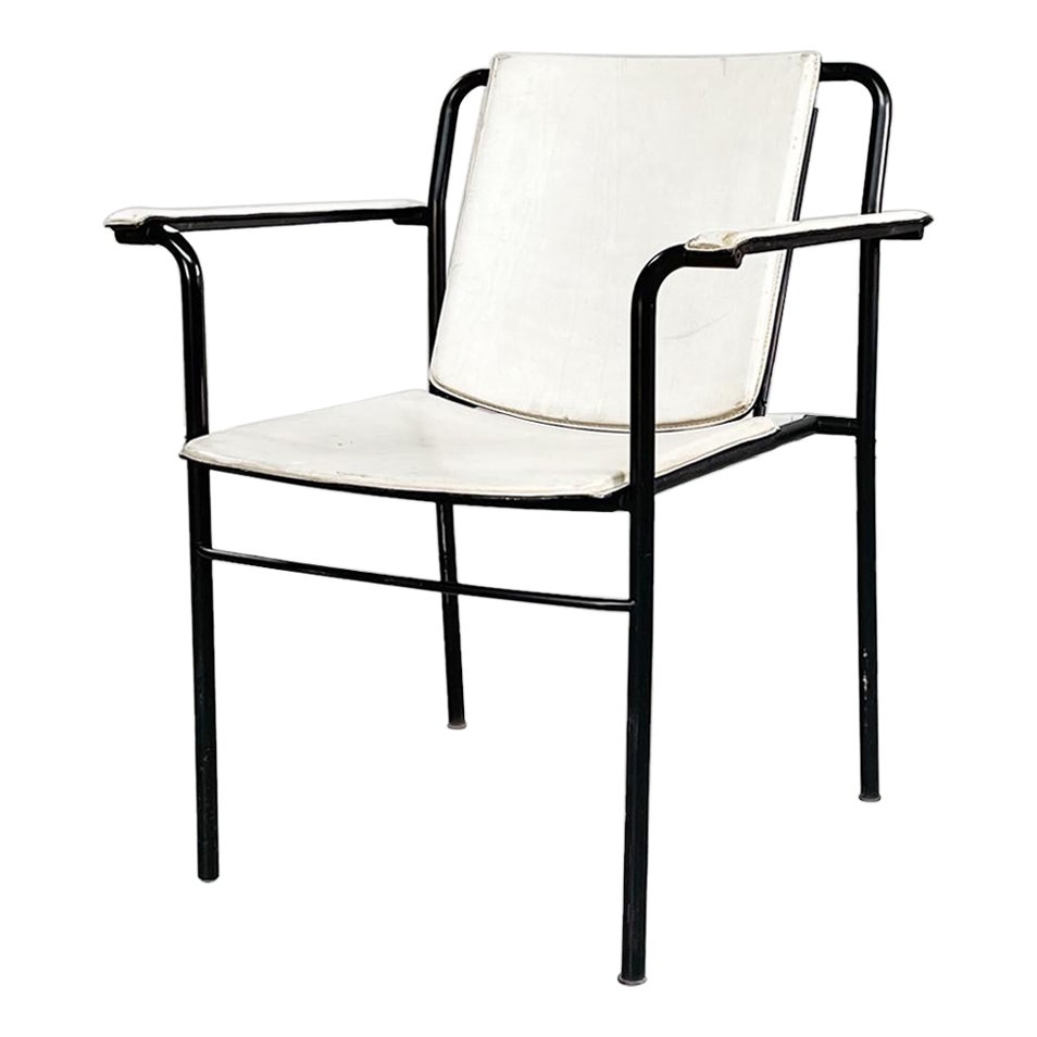 Italian Mid-Century White Leather and Black Metal Chair, 1980s