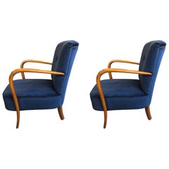 Art Deco Blue Velvet Walnut Wood Armrests Armchairs Set of 2