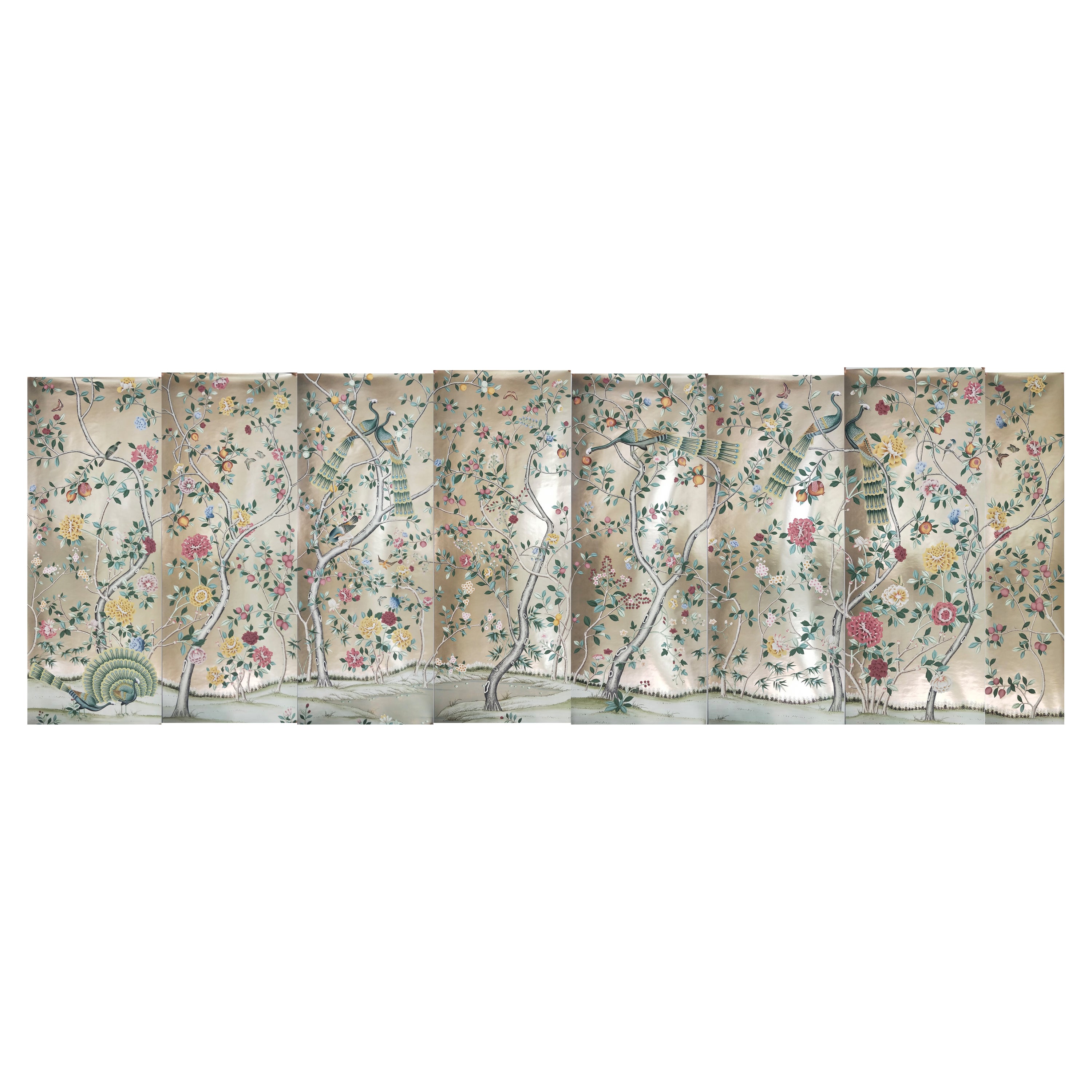 Peacock Chinoiserie Wallpaper Hand Painted Wallpaper on Champagne Metallic For Sale