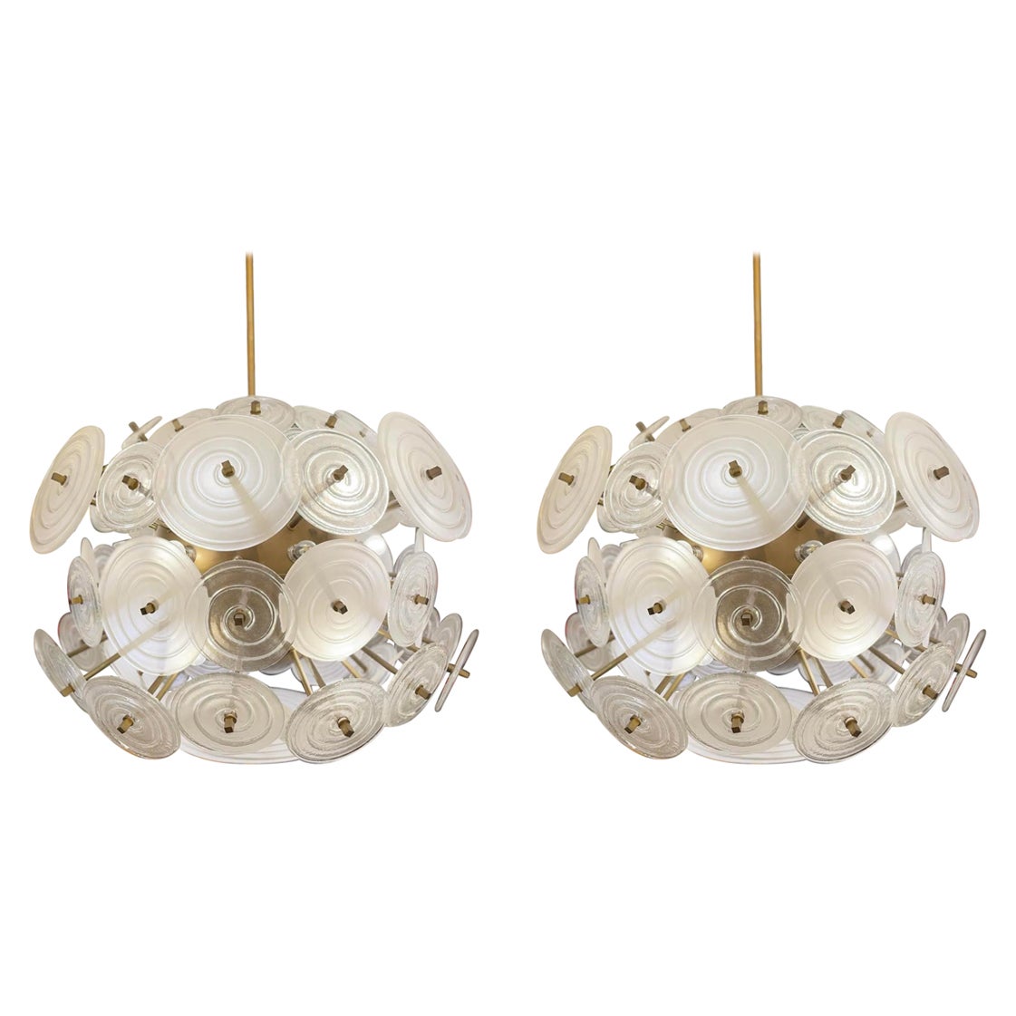 Pair of Italian Brass Chandeliers with Round White Glasses For Sale