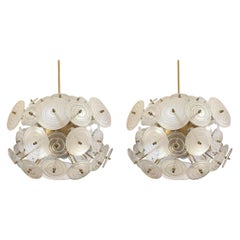 Retro Pair of Italian Brass Chandeliers with Round White Glasses