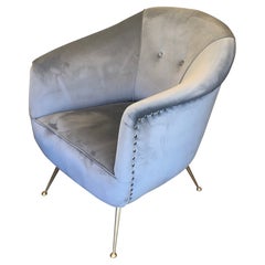 Mid Century Italian Pearl Grey Velvet and Brass Legs Armchair