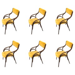 1960s Set of Six Wooden Ocre Velvet Upholstery Chairs