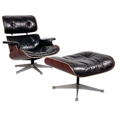 Vintage American Black Leather Wooden Lounge Chair 670 671 by Eames for Miller, 1970s
