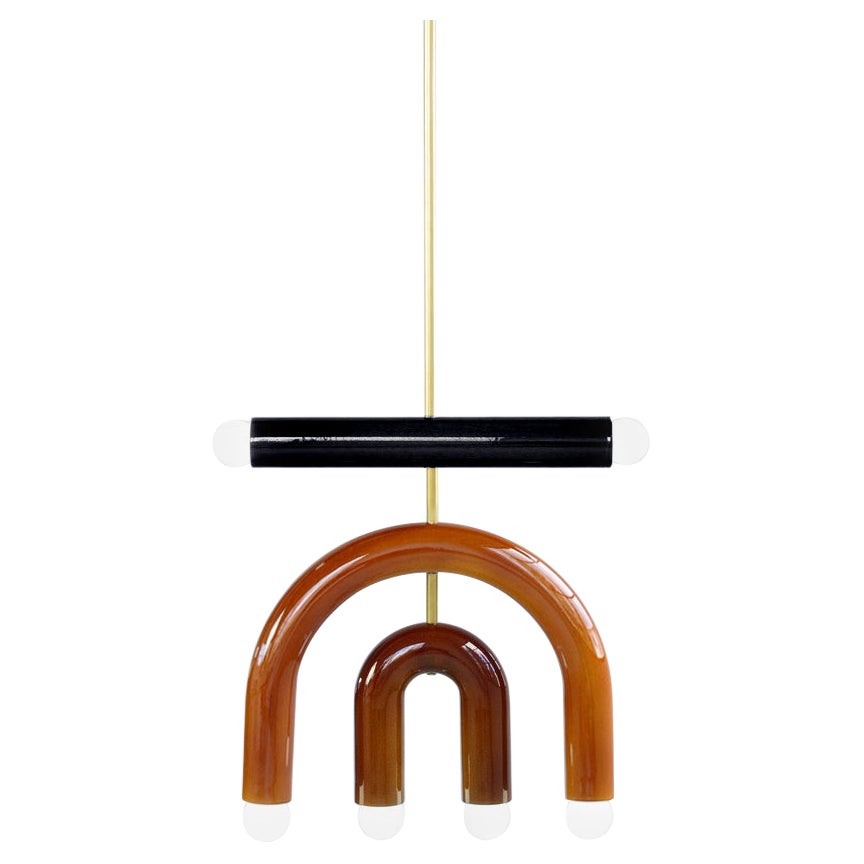 Customizable Pendant Lamp TRN D1, Brass Rod, Black, Ochre & Brown Ceramic