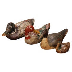 19th Century French Hand Carved and Hand Painted Duck Decoys, Set of Four