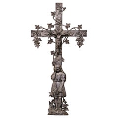 19th Century French Iron Garden Crucifix Cross with Mourner and Vine Motifs