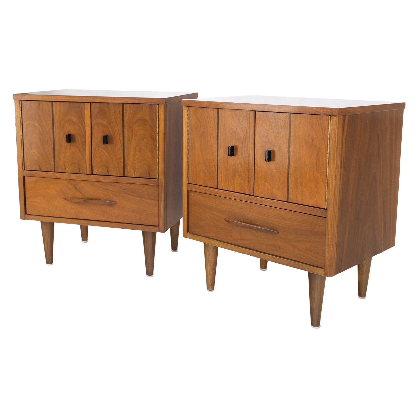 Light Walnut Double Door Compartment One Drawer Cone Tapered Legs End Tables For Sale