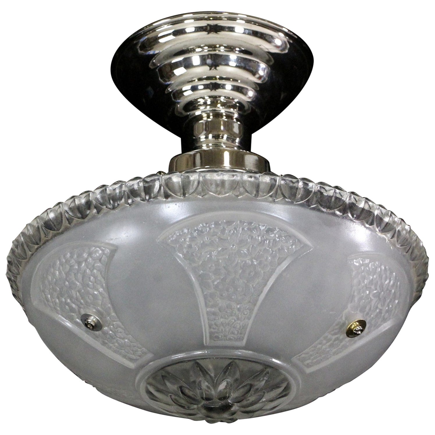 Art Deco Floral White Frosted Glass Light w/ Newly Wired Nickel Semi-Flush Mount For Sale