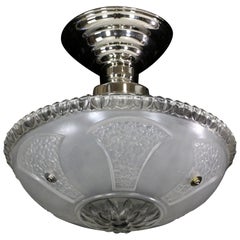 Art Deco Floral White Frosted Glass Light w/ Newly Wired Nickel Semi-Flush Mount