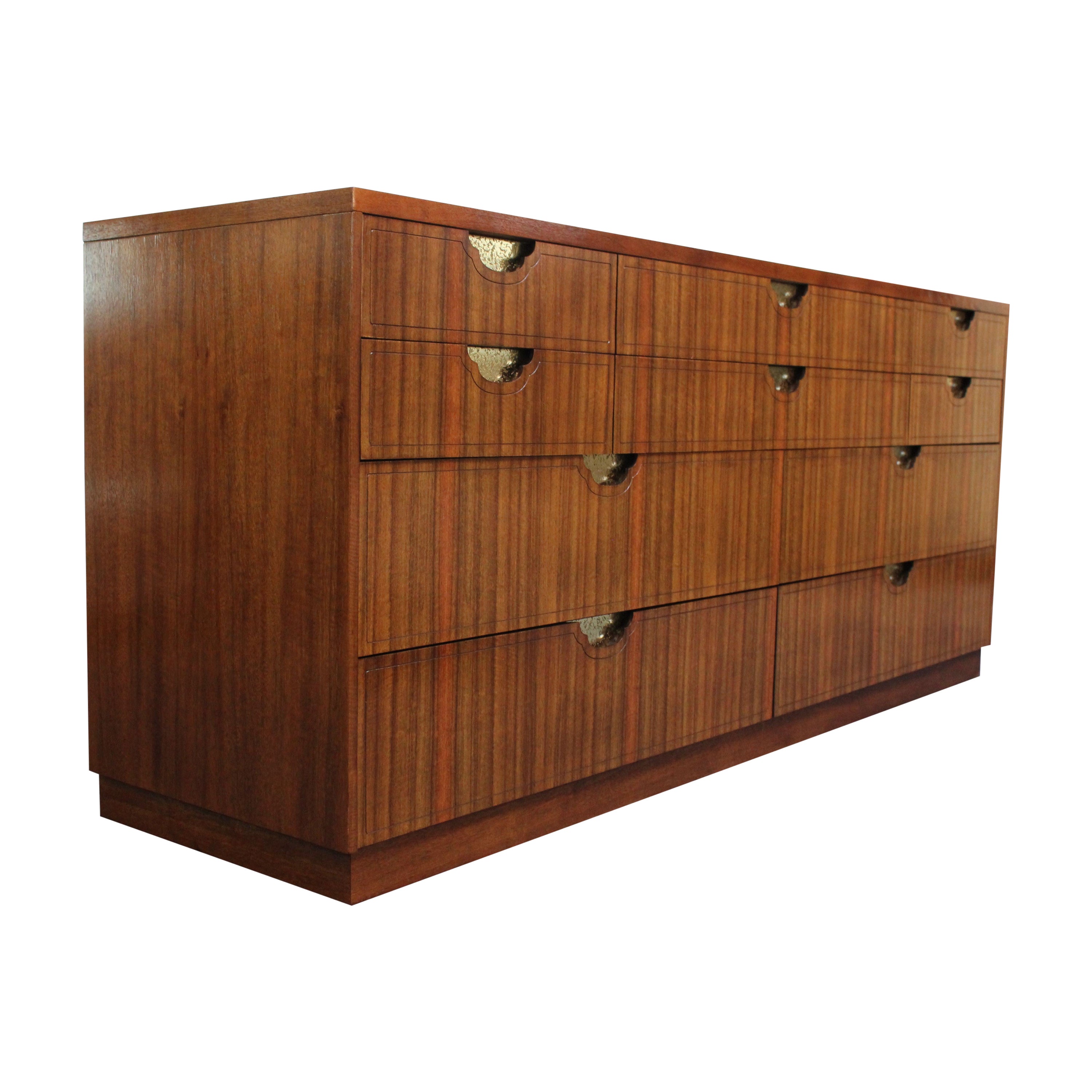 Vintage Ten-Drawer Walnut and Brass Chest / Dresser by Baker For Sale