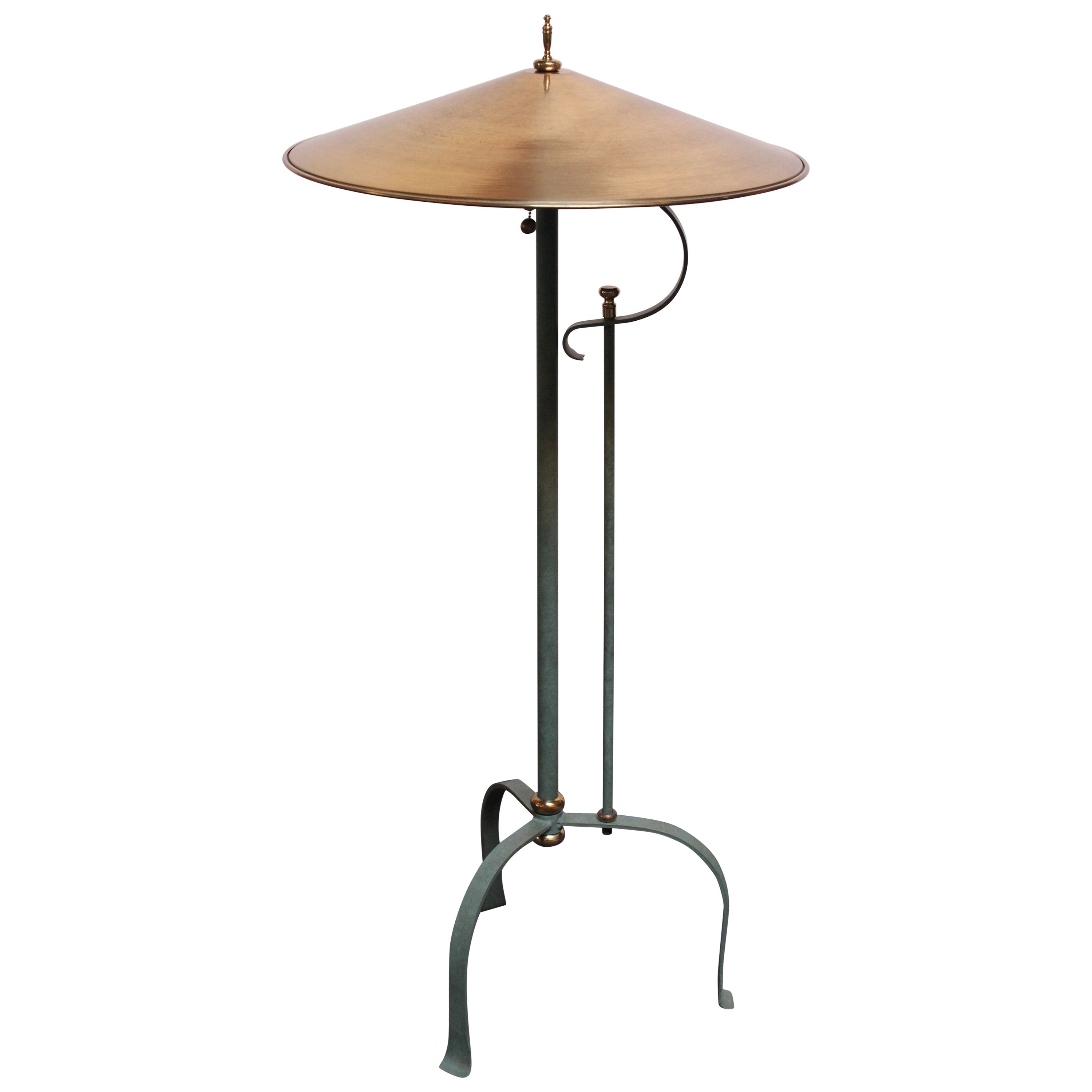Postmodern Verdigris Finish Floor Lamp with Brass Shade and Tripod Base