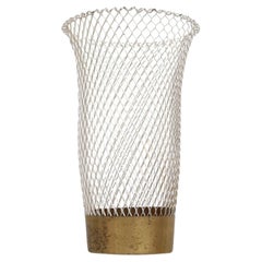 Mategot Inspired White Woven Wire Waste Bin or Umbrella Holder with Brass Base