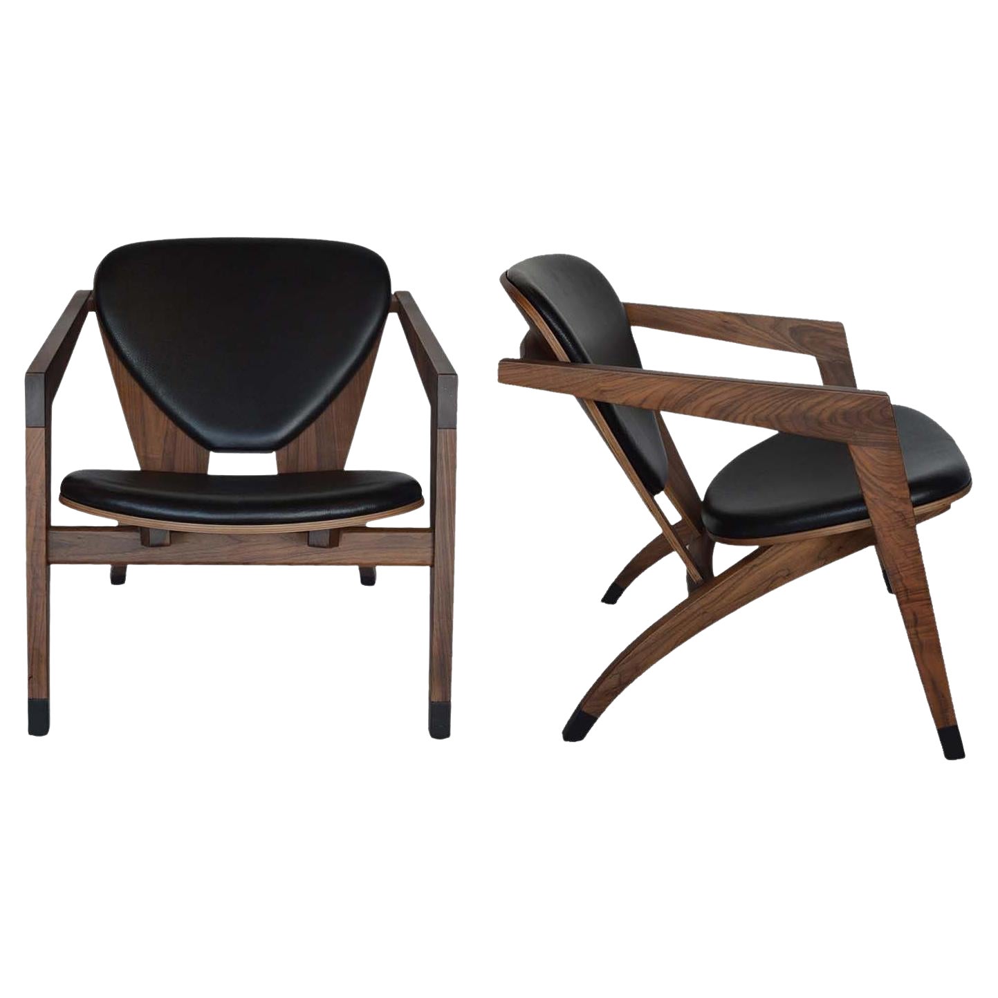 American Modern Walnut Armchairs with Leather Upholstery