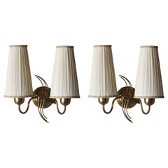 Swedish, Two Armed Wall Lights, Brass, Pleated Fabric Shades, Sweden, 1950s