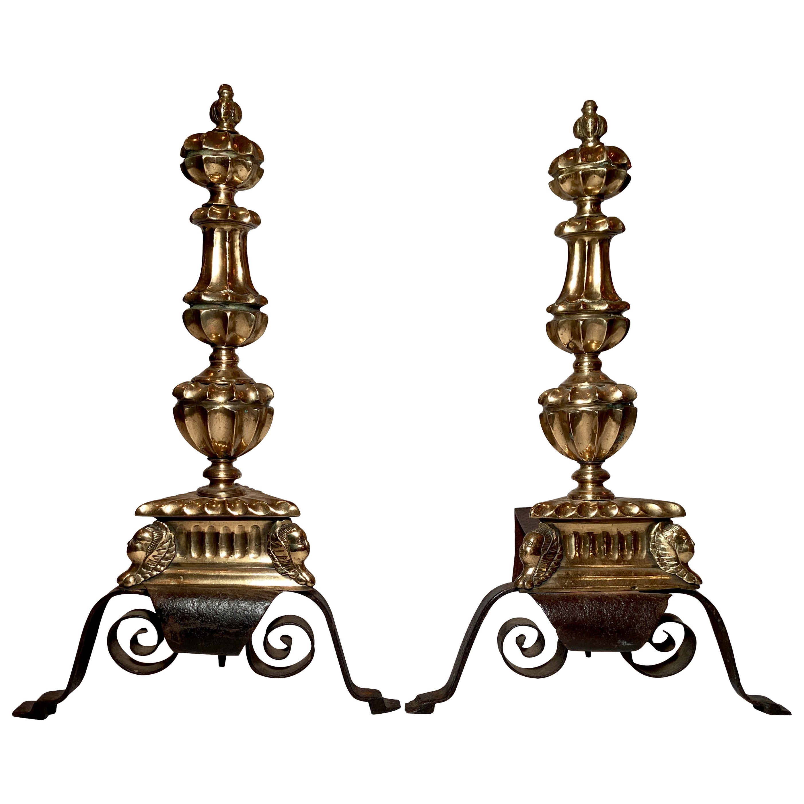 Antique 17th Century Brass and Iron Andirons For Sale