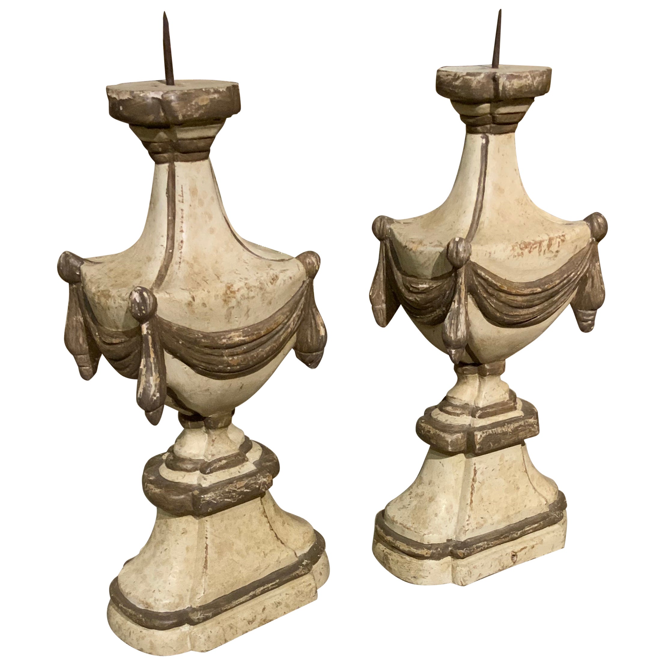 Pair of Italian Painted and Carved Wooden Candle Holders For Sale
