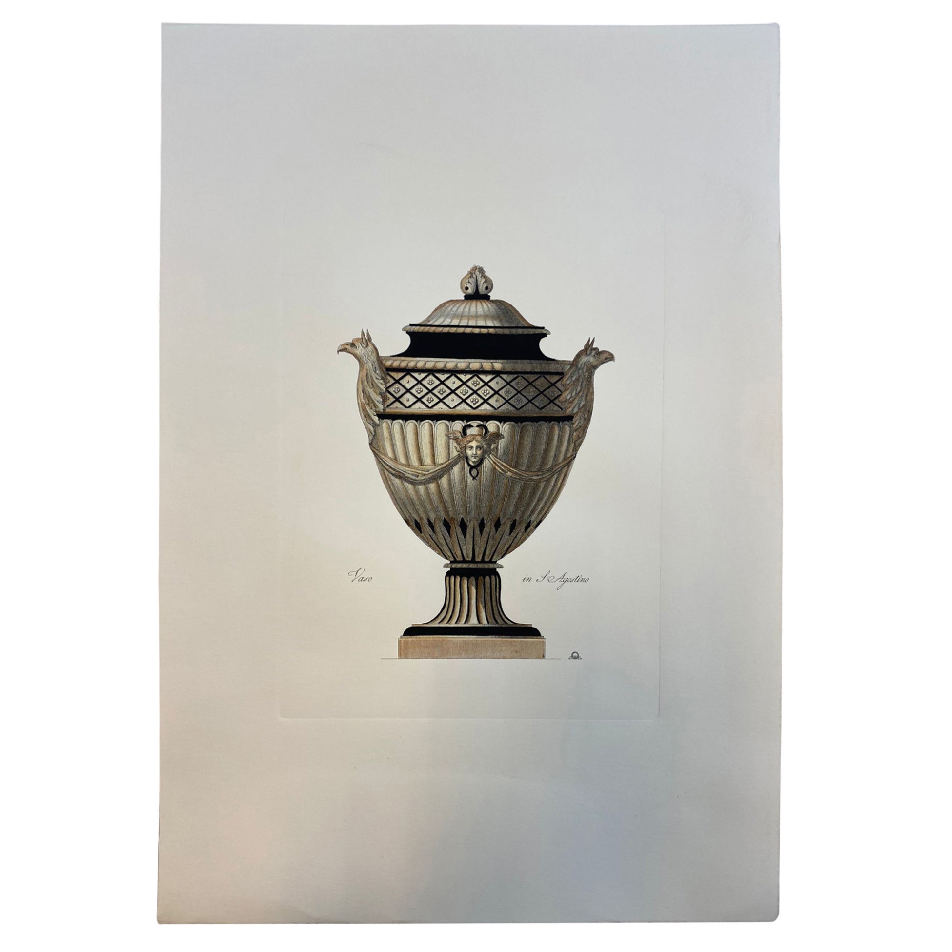 Gravure contemporaine italienne colorée à la main d'un vase romain antique "in S.Agostino"".