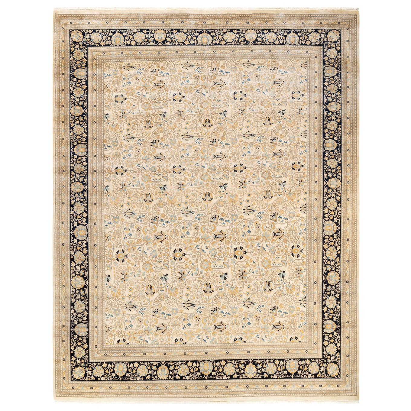 One-Of-A-Kind Hand Made Traditional Mogul Ivory Area Rug For Sale