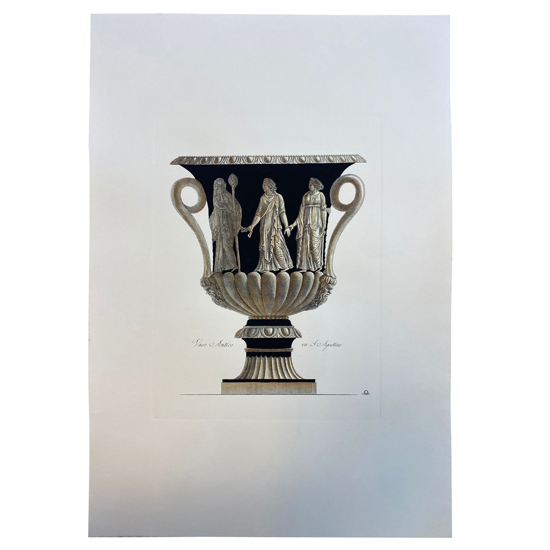Gravure contemporaine italienne colorée à la main d'un vase romain antique " in S.Agostino"