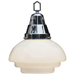 Art Deco Pendant Light c1930s France Tiered Opaline Glass and Chrome
