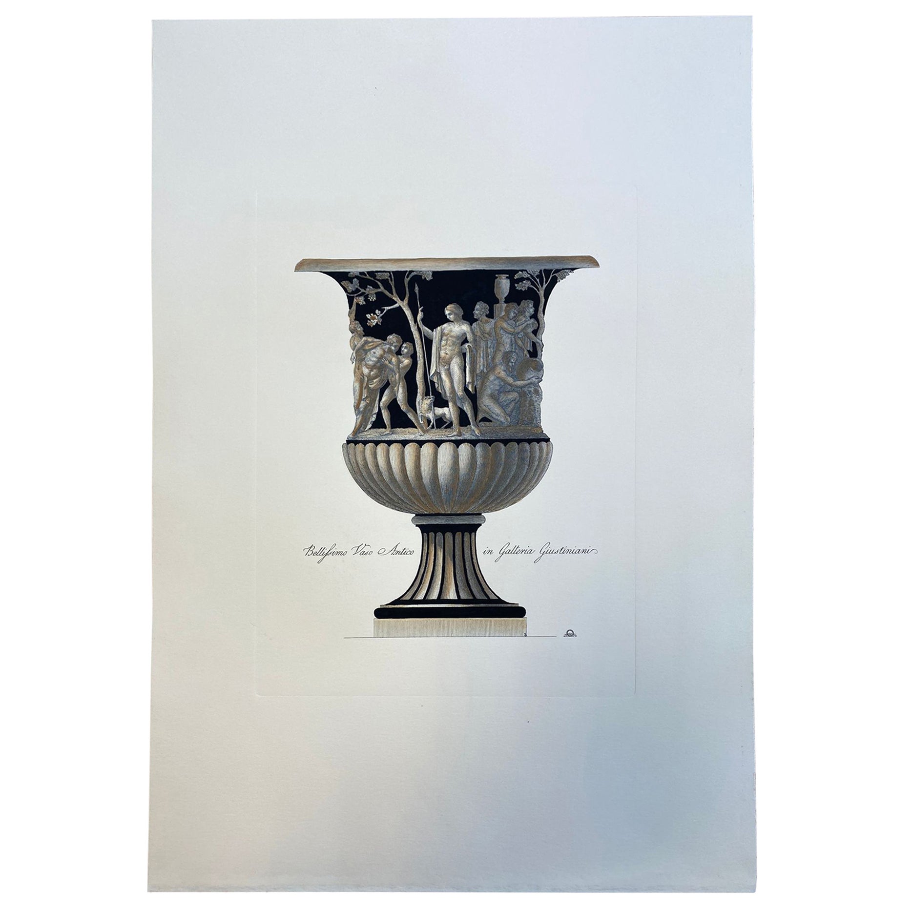 Contemporary Italian Hand Coloured Roman Vase Print " in Galleria Giustiniani" For Sale