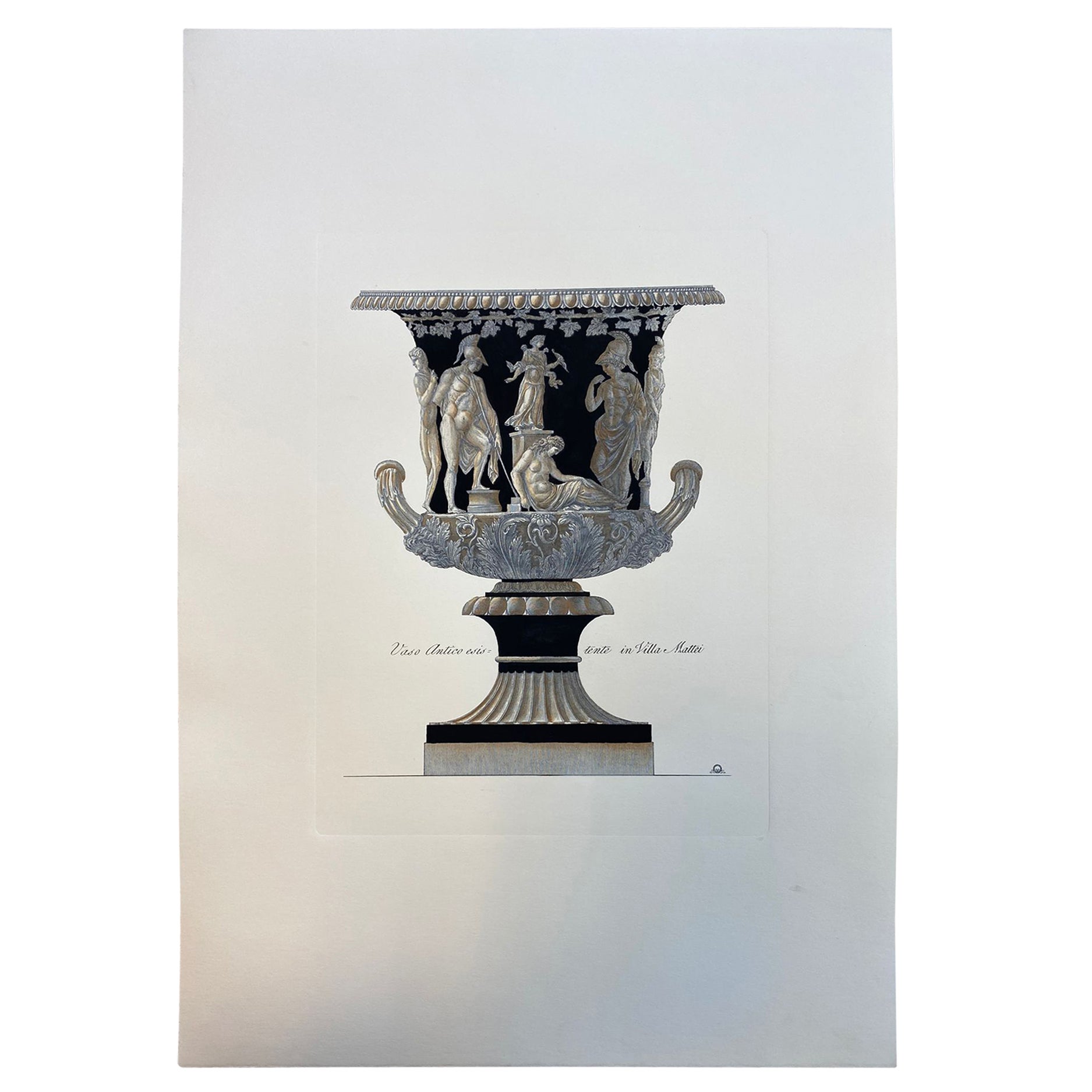 Contemporary Italian Hand Coloured Antique Roman Vase Print "in Villa Mattei"
