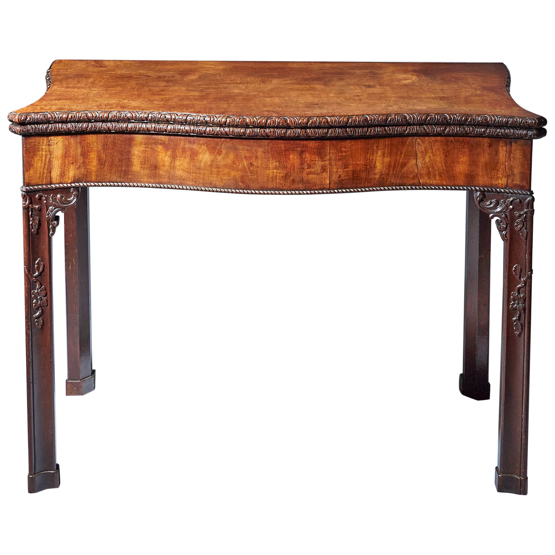 18th Century George III Carved Mahogany Serpentine Concertina Action Card Table For Sale