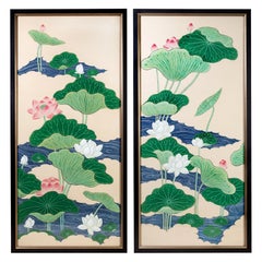 Pair of Painted Panels, Lotus in Bloom