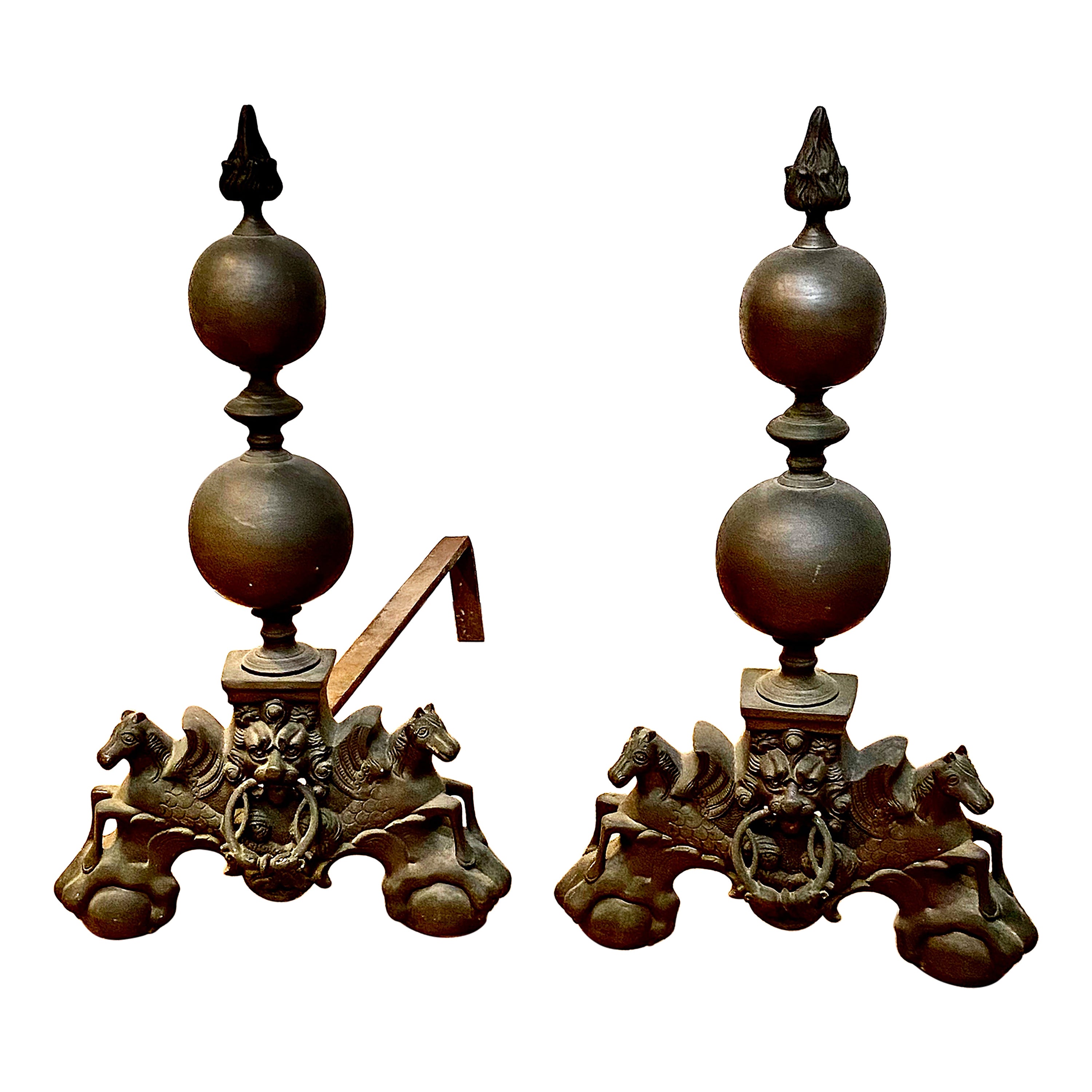 Pair Louis XIV-Style Bronze Andirons