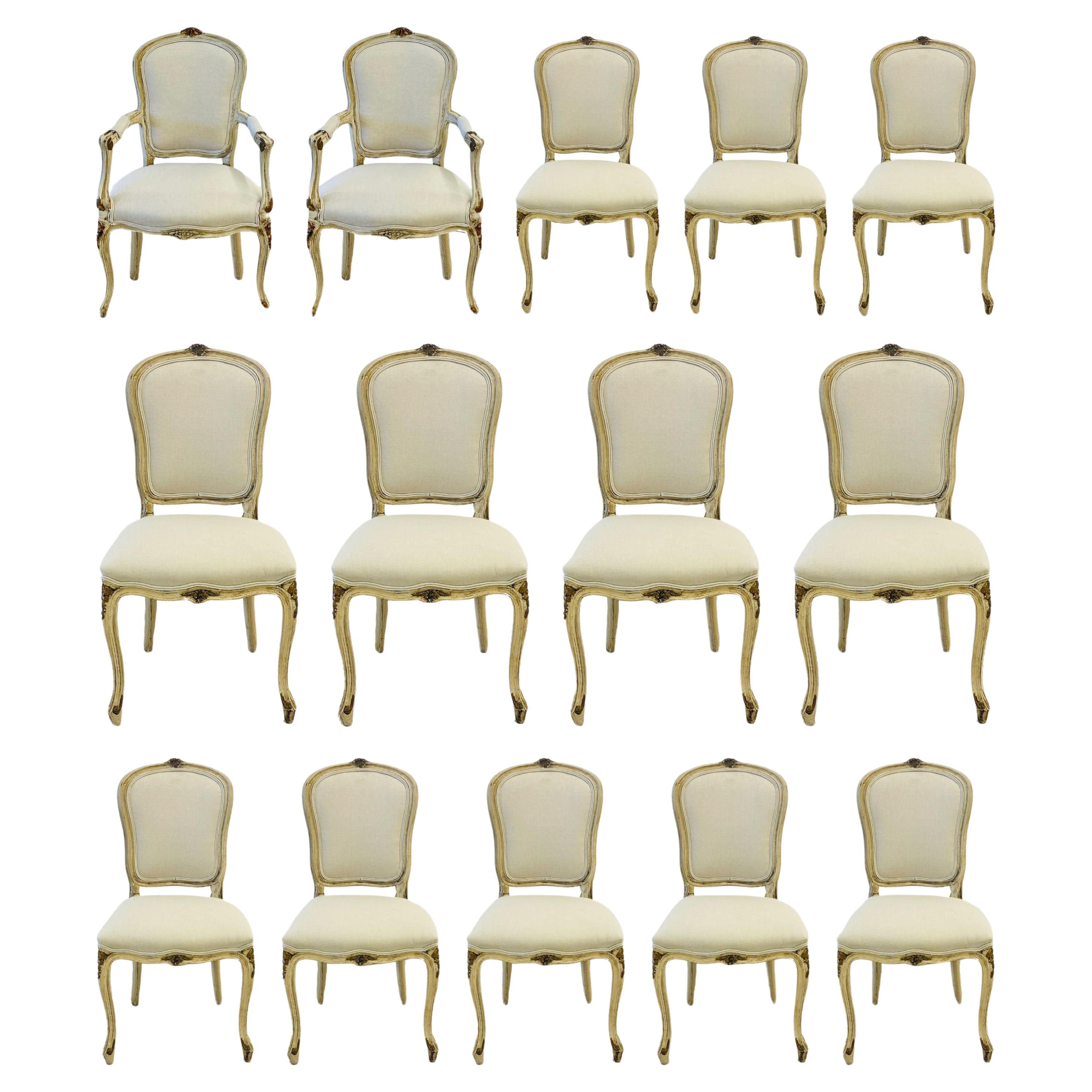 Maison Jansen, Gustavian, Dining Chairs, Ivory Painted Wood, White Fabric, 1940s For Sale