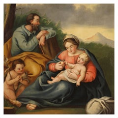 19th Century Oil on Canvas Antique Italian Religious Painting Holy Family, 1850