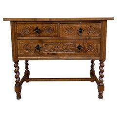 Used Early 20th Century Spanish Carved Walnut Console Table with Turned Legs and Thre