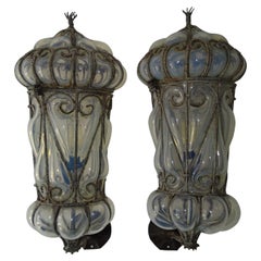 Antique Venetian Murano Blown Glass Opaline Lanterns Metal Scroll Caged Sconces, c 1800