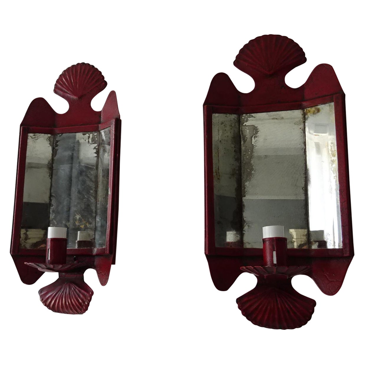 Red Colonial Shell Motif 3 Mirrors Sconces Original Paint, c 1890