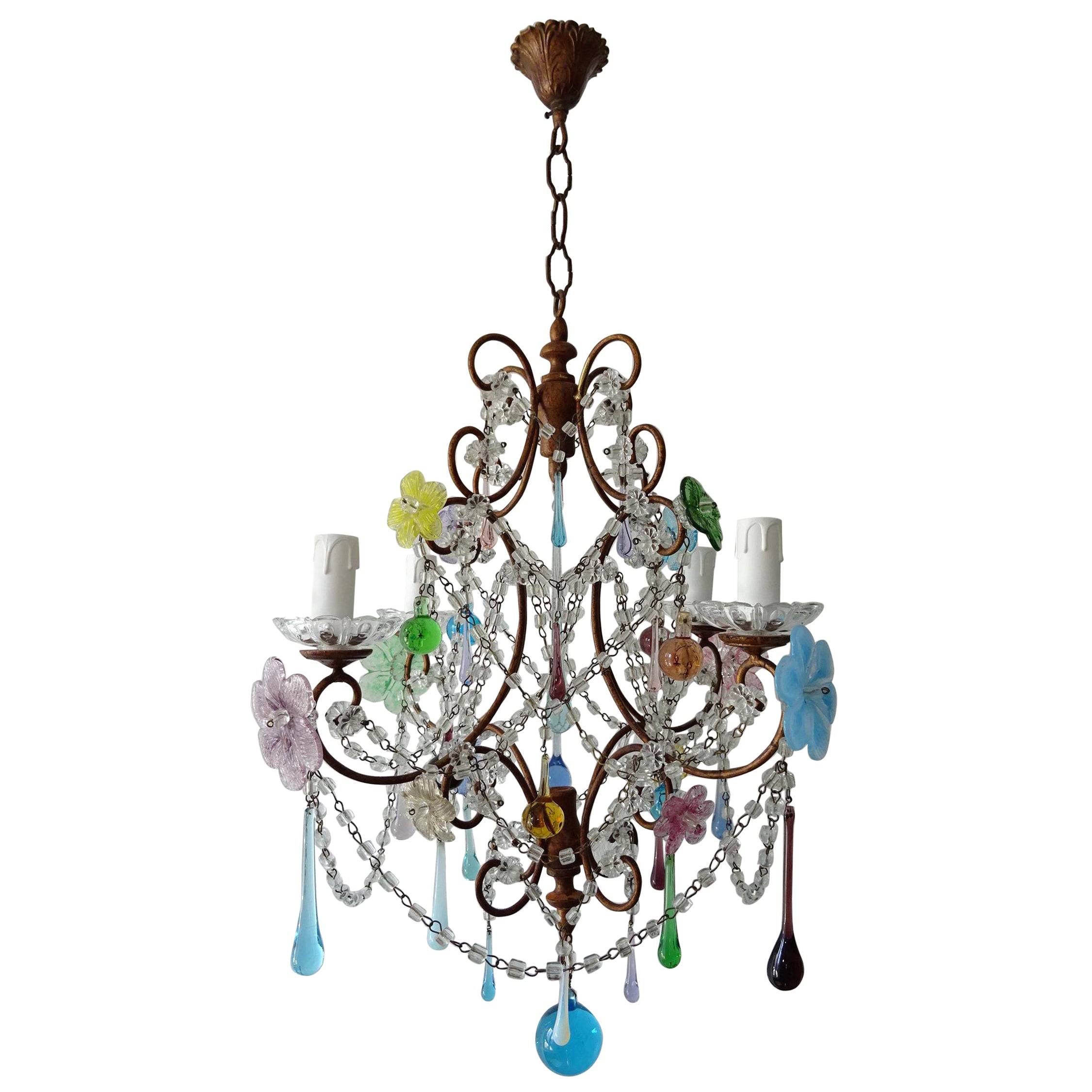 Italian Murano Gold Gilt Multi-Color Drops and Flowers Chandelier, circa 1920 For Sale