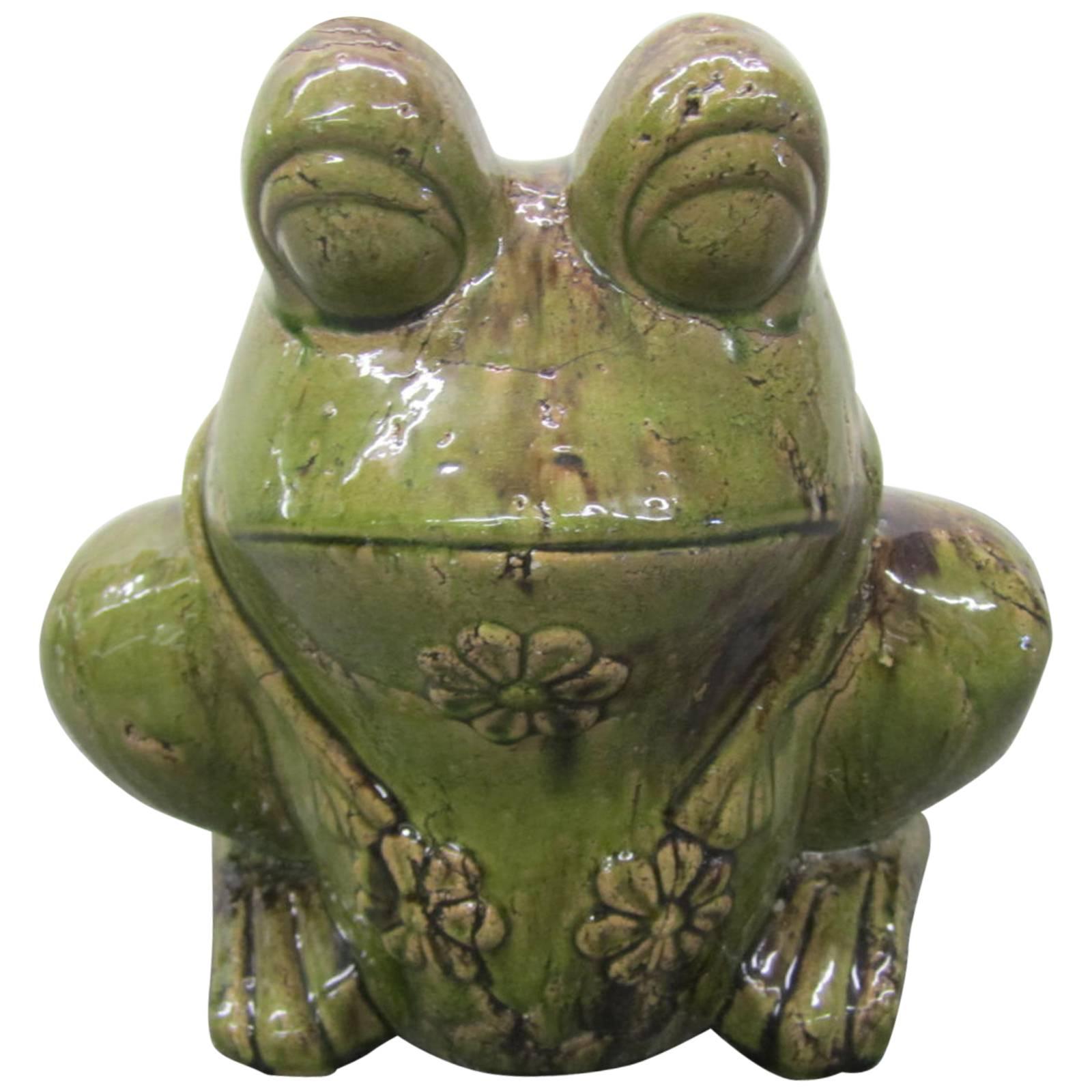 Charming Large Green Glaze Pottery Frog Planter Mid-Century Modern For Sale