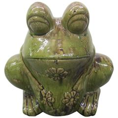 Retro Charming Large Green Glaze Pottery Frog Planter Mid-Century Modern