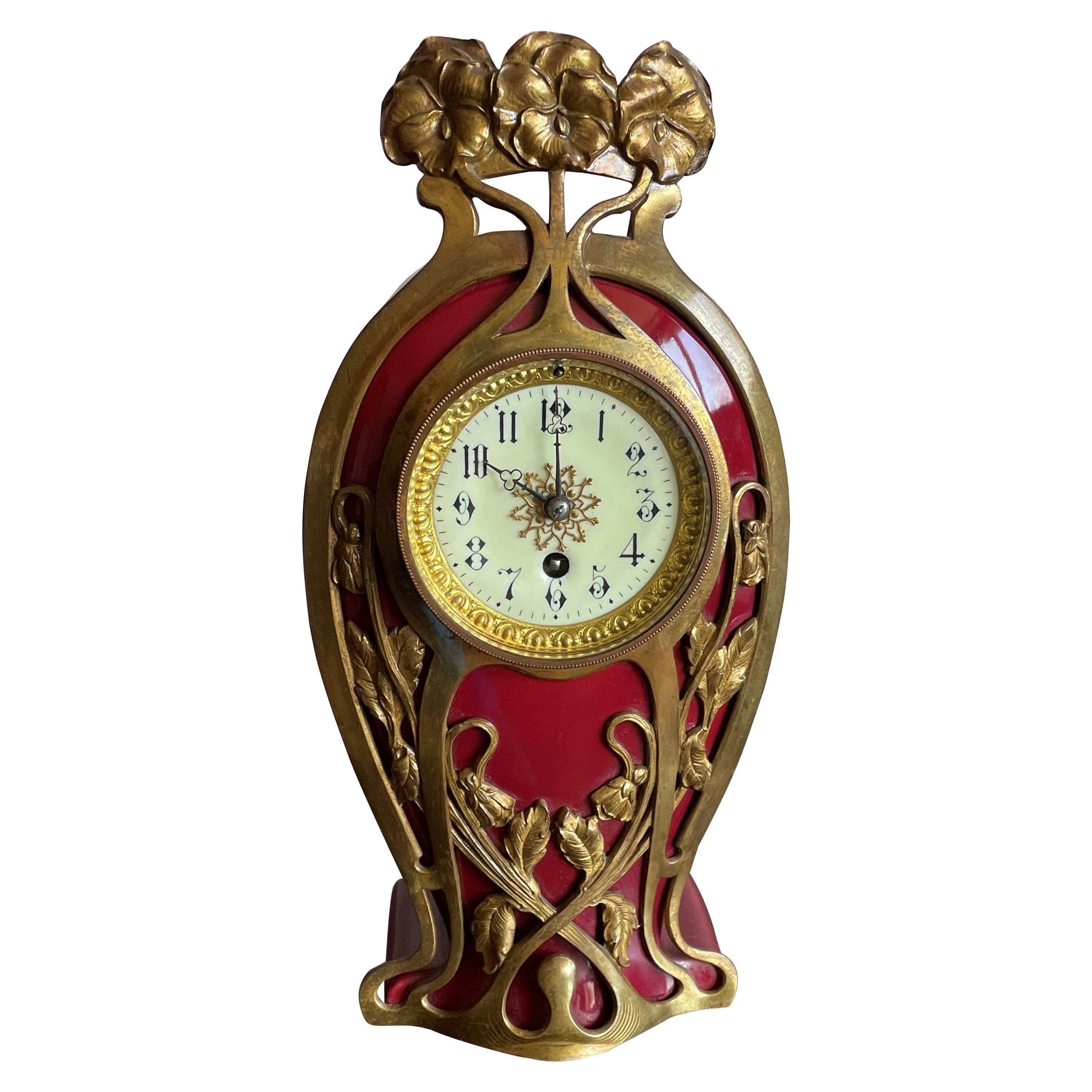 Antique Art Nouveau Ceramic Table or Mantel Clock with Bronze Flower Sculptures