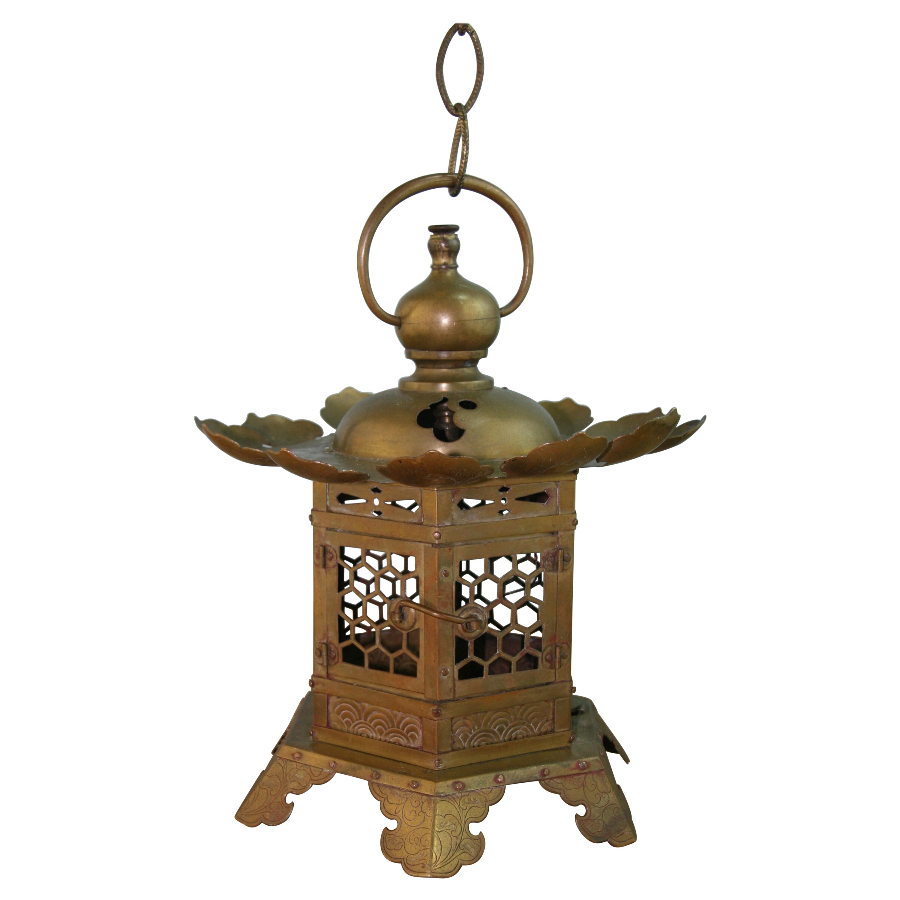Japanese Lotus Flower Brass Garden Candle Lantern with Chain For Sale