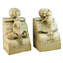 Pair 19th Century Indian Temple Carved Wood Architectural Fragments/Bookends