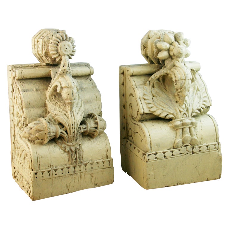 Pair 19th Century Indian Temple Carved Wood Architectural Fragments/Bookends For Sale