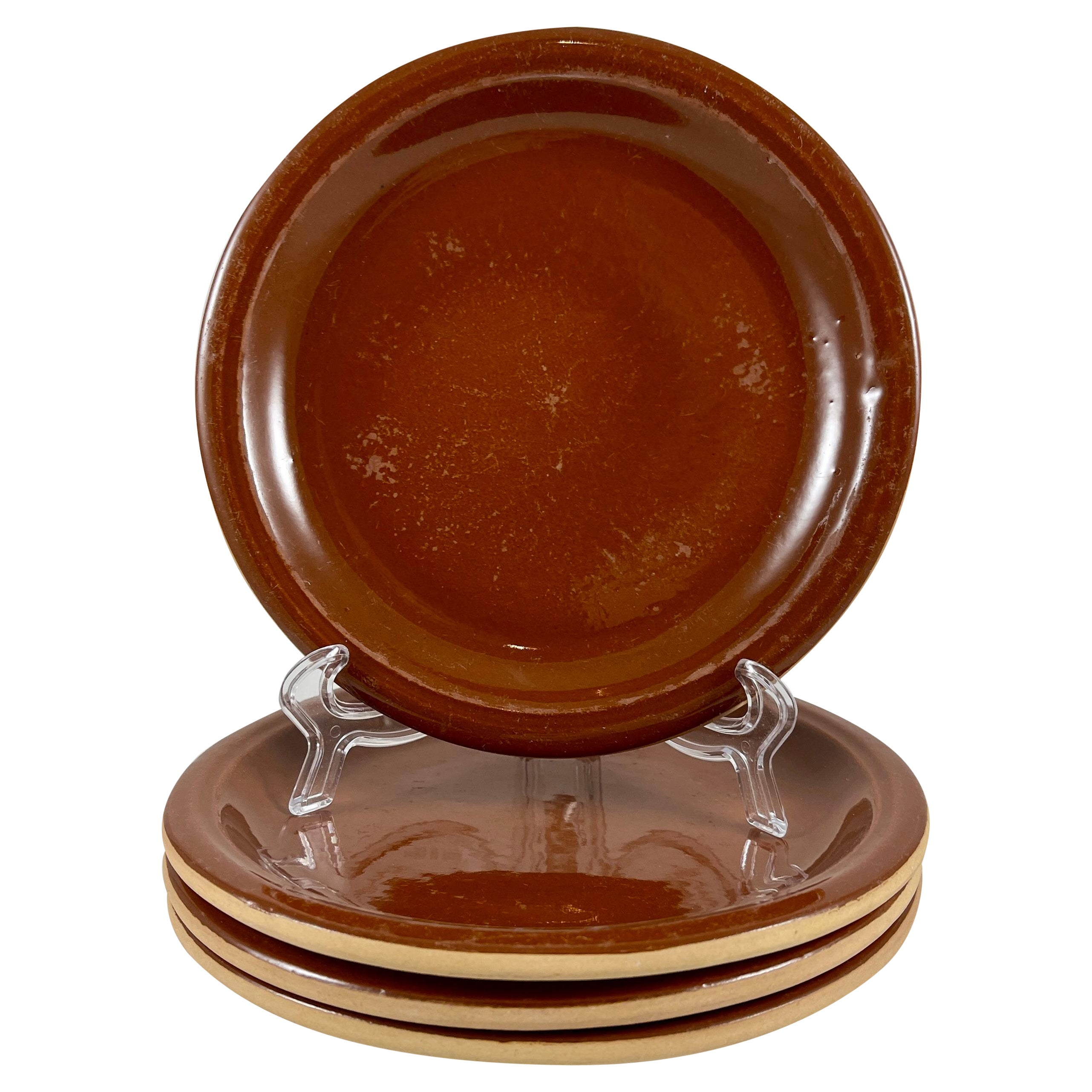 Vallauris French Treacle Glaze Terra Cotta Rustic Pottery Plates, S/4 For Sale