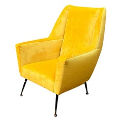 Italian Mid Century Yellow Velvet, Metal and Brass Armchair, 1950s